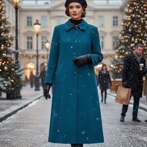 Vintage 70s Pendleton $350 Size 14 Teal‎ Blue Virgin Wool Full Length Coat USA